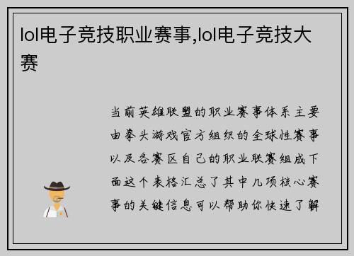 lol电子竞技职业赛事,lol电子竞技大赛